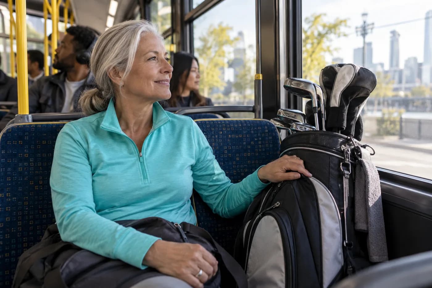 a carry bag on a city bus seat, a silver-haired woman wearing a turquoise pullovers hand steadying it
