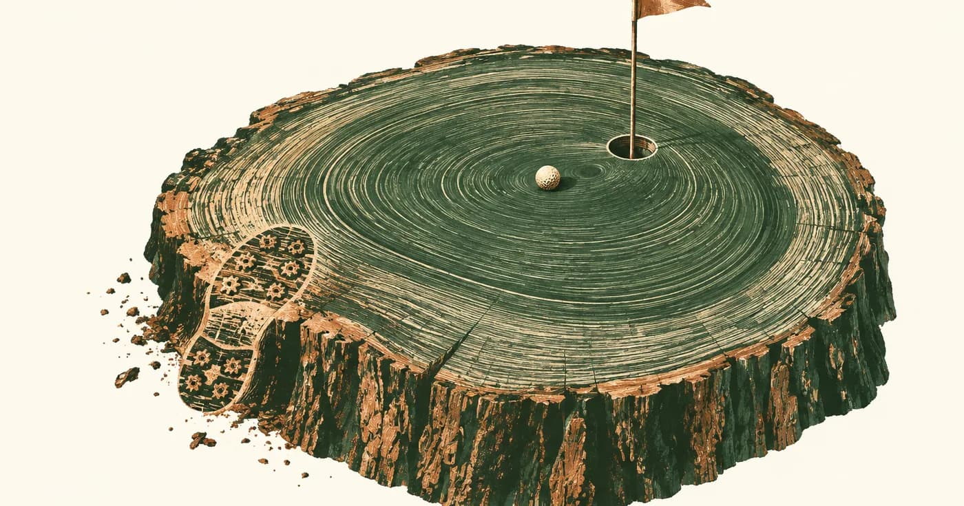 A tree-ring cross-section becoming a putting green with a tiny flag, one golf shoe print on the edge, blank cream around it