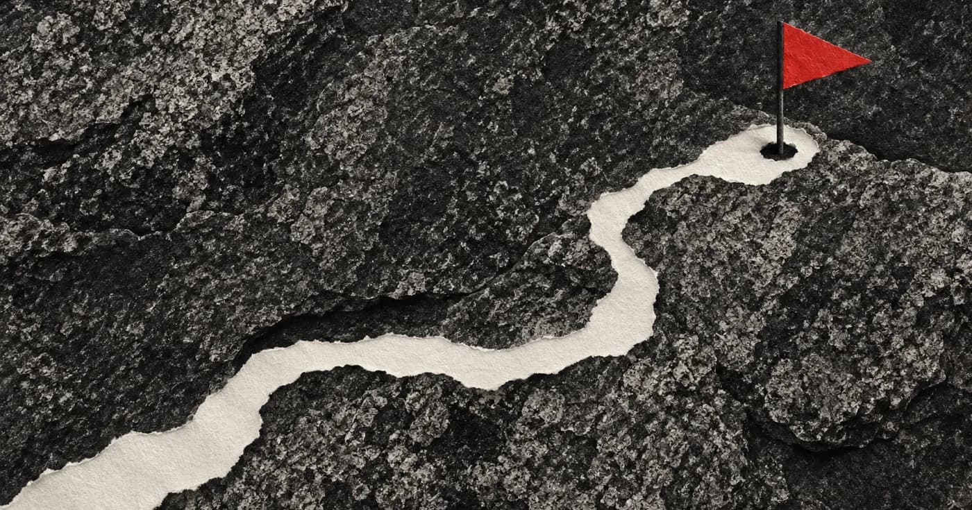 A charcoal rubbing of rough granite with one small red golf flag threaded through a torn-paper walking route