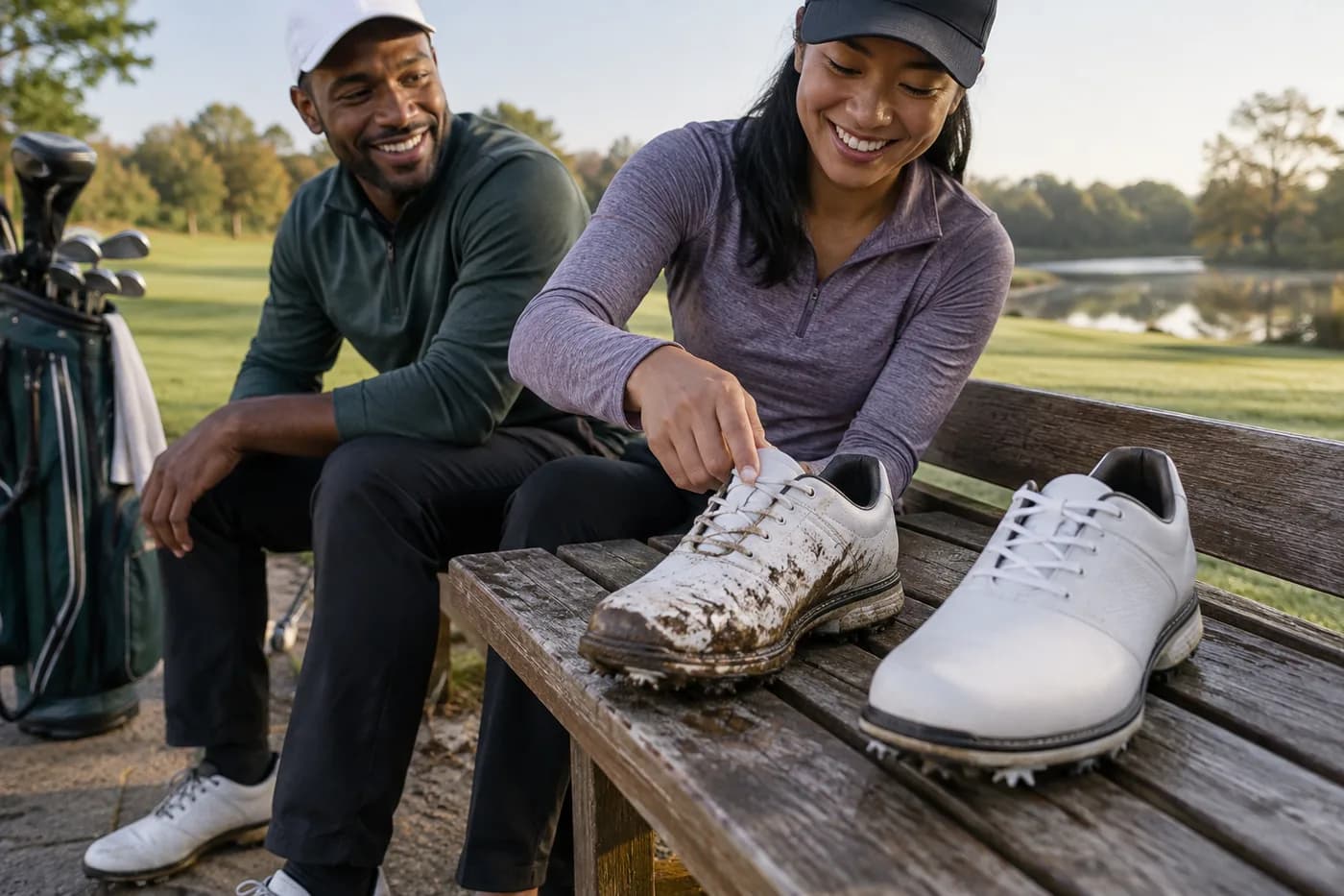 two golf shoes, one muddy and one clean, on a wooden bench after a round