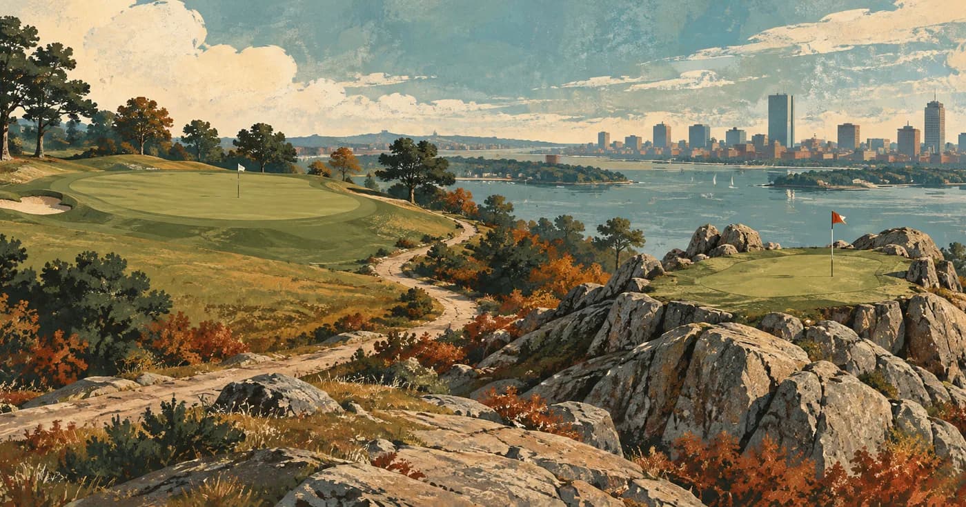 One rounded open green and one jagged granite green joined by a walking trail