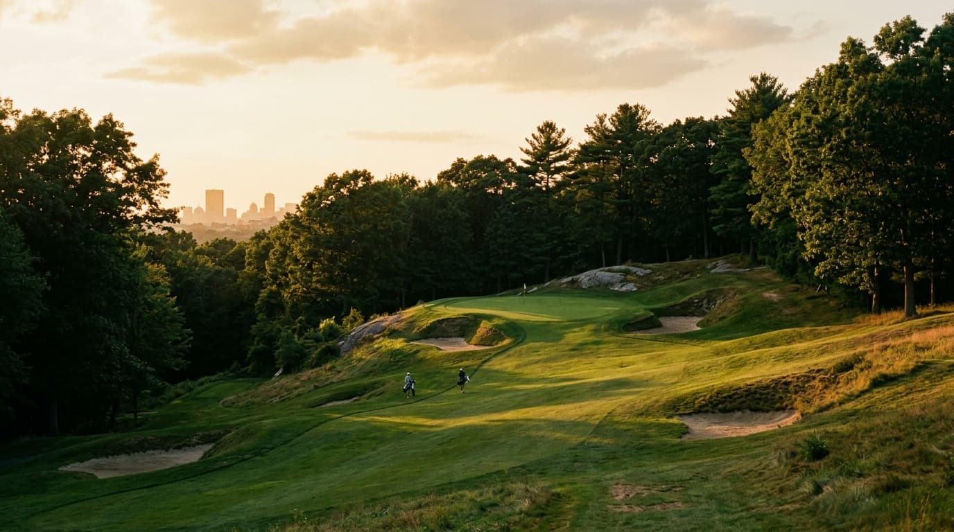 Two contrasting Donald Ross municipal fairways, one hilly and tree-lined and one open parkland, near Boston at golden hour