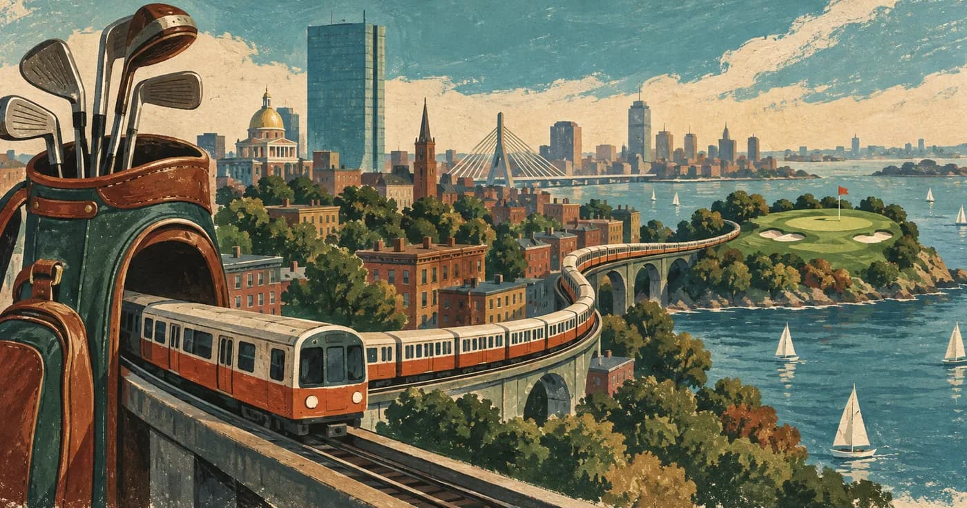 A golf bag becoming a city transit line with an approaching green at its end