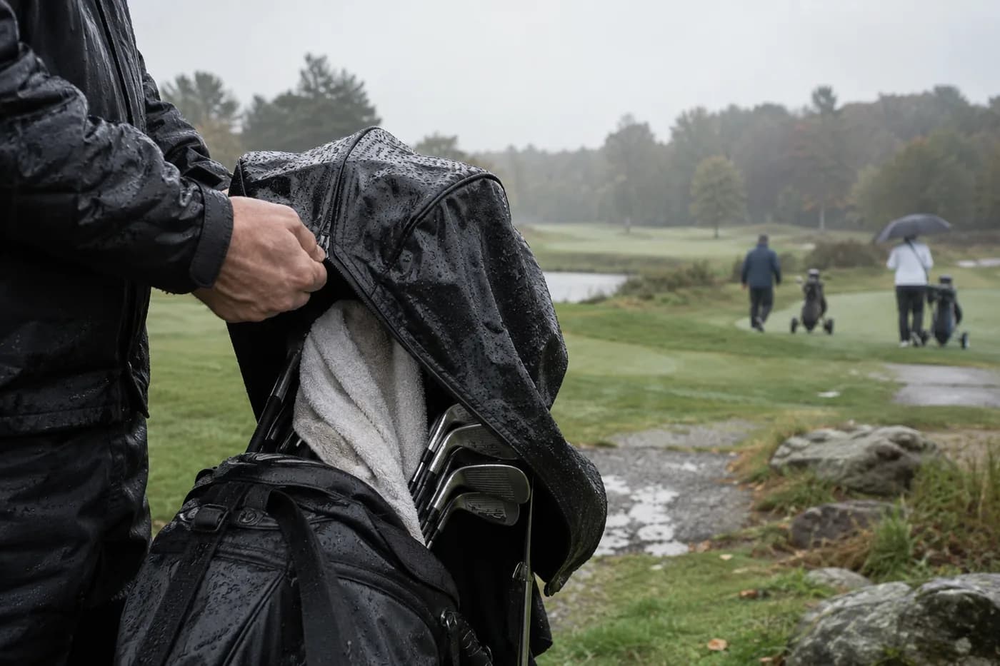 water droplets on a zipped golf rain hood with a dry towel tucked underneath