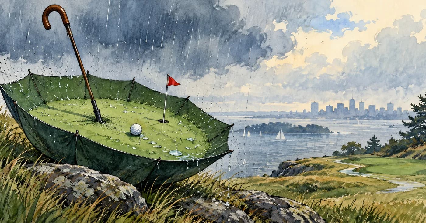 An open umbrella forming a golf green, raindrops as scattered dimples