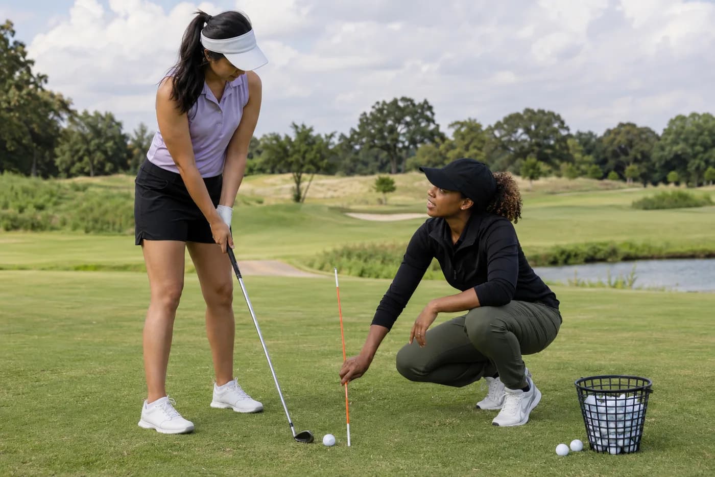 an instructor using a plain alignment stick to explain ball position to an adult learner