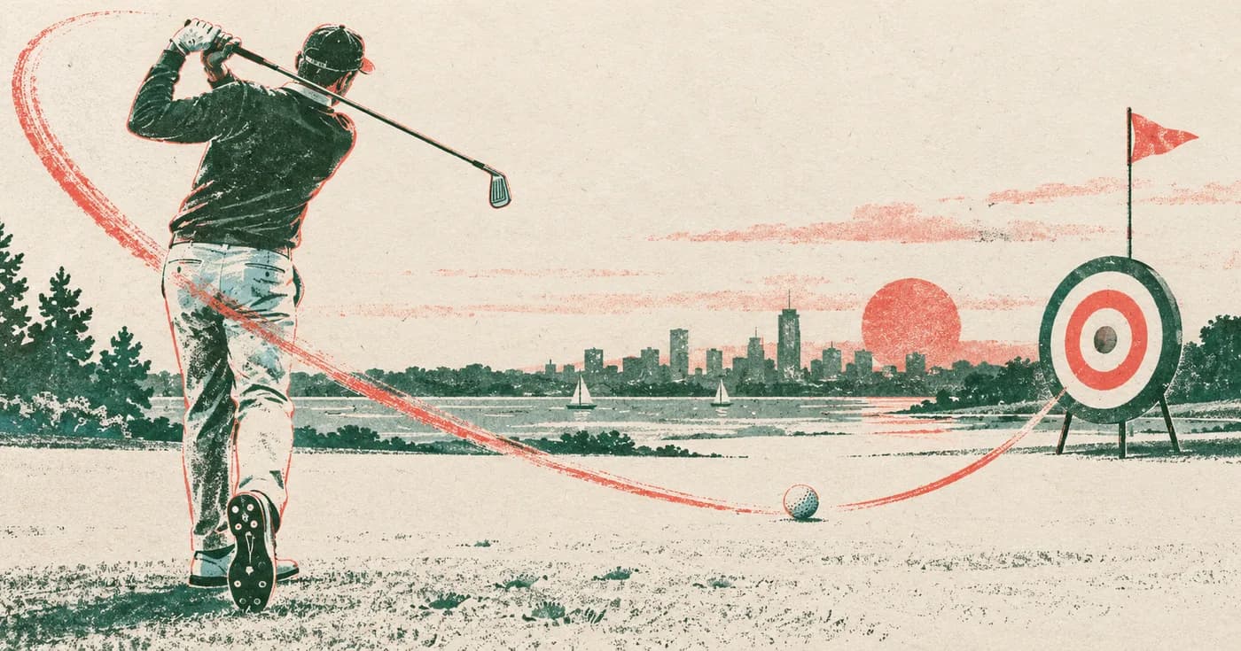 A pencil drawing a swing arc around a single ball and a practice target