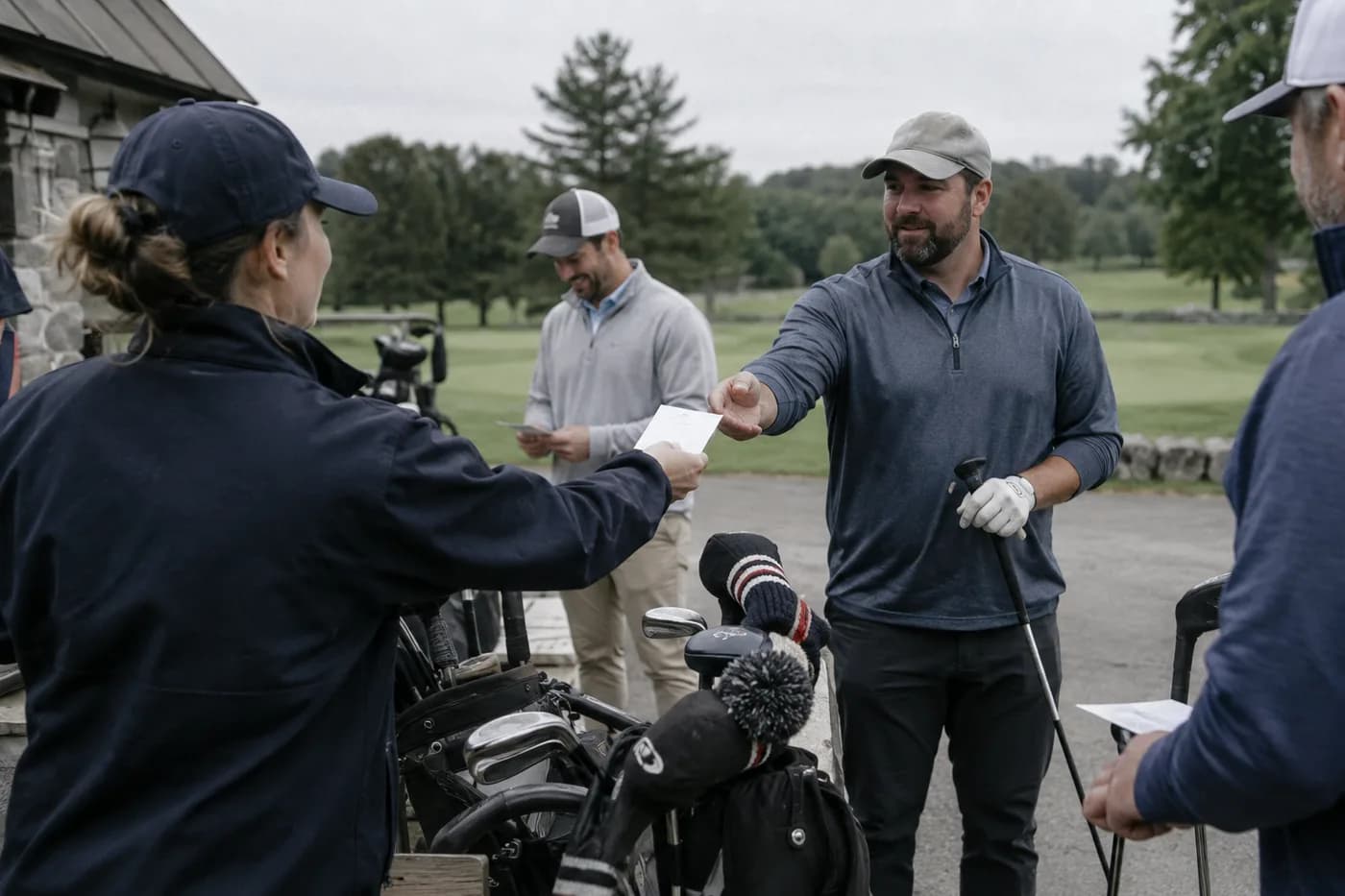 organizer handing a blank folded scorecard to golfers near a row of bags