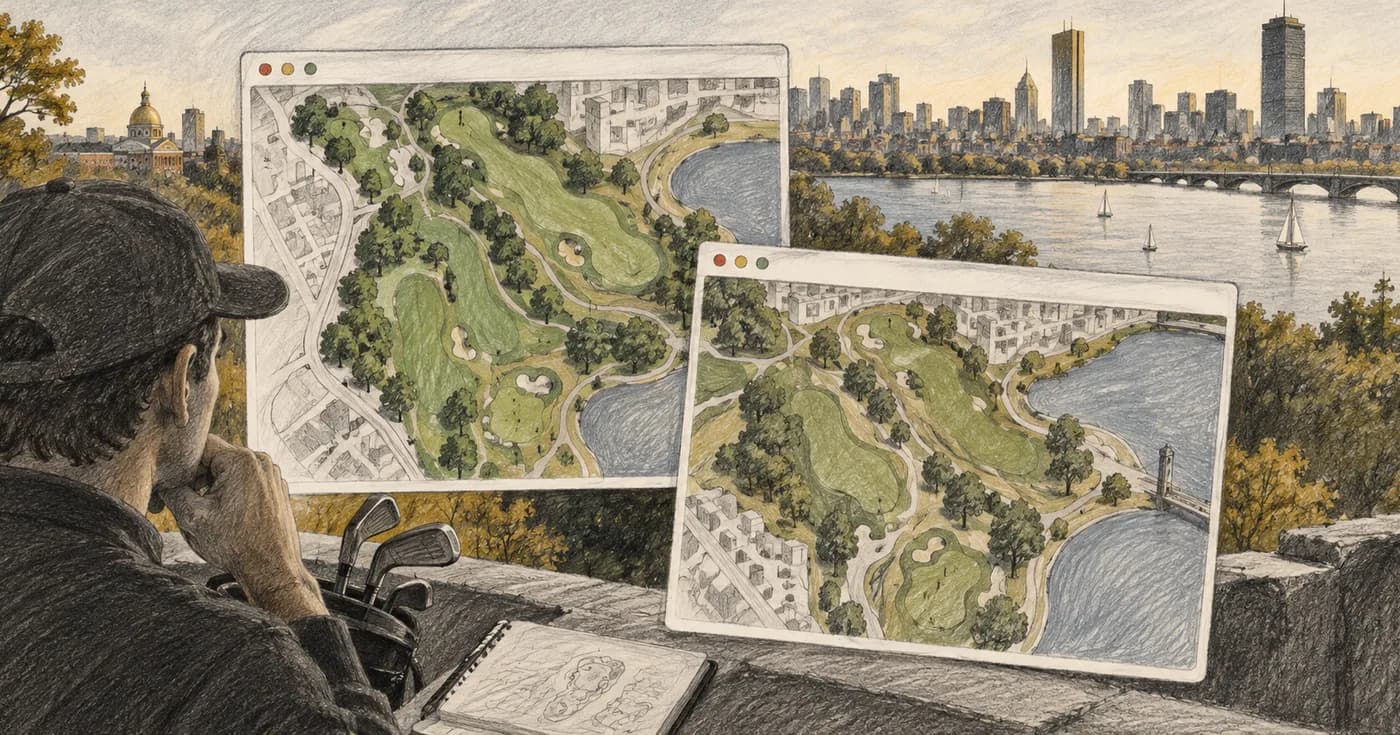 A city course map reflected in two different search windows with imperfect overlaps
