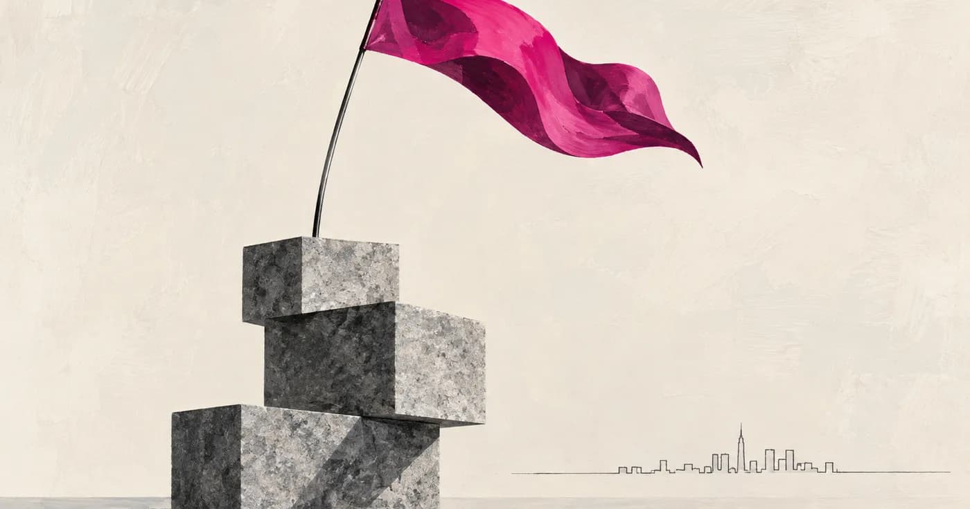 A sculptural golf flag bent by the wind above a stack of gray granite blocks, a tiny distant city silhouette drawn as one ink line