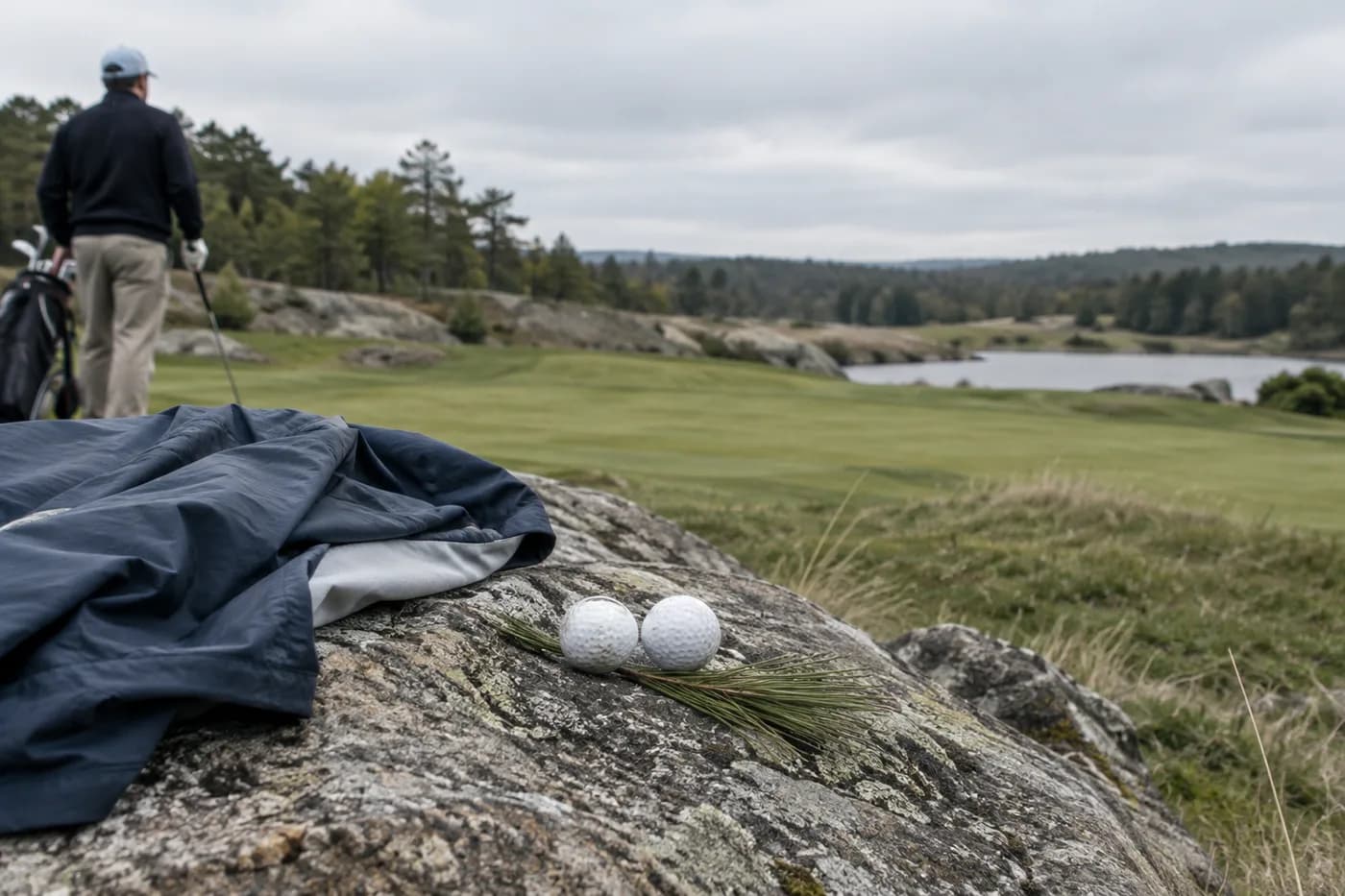 a light windbreaker and a pine needle beside two plain golf balls