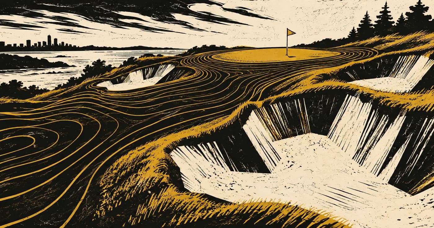 A tiny flag surrounded by giant contour lines and steep angular bunkers