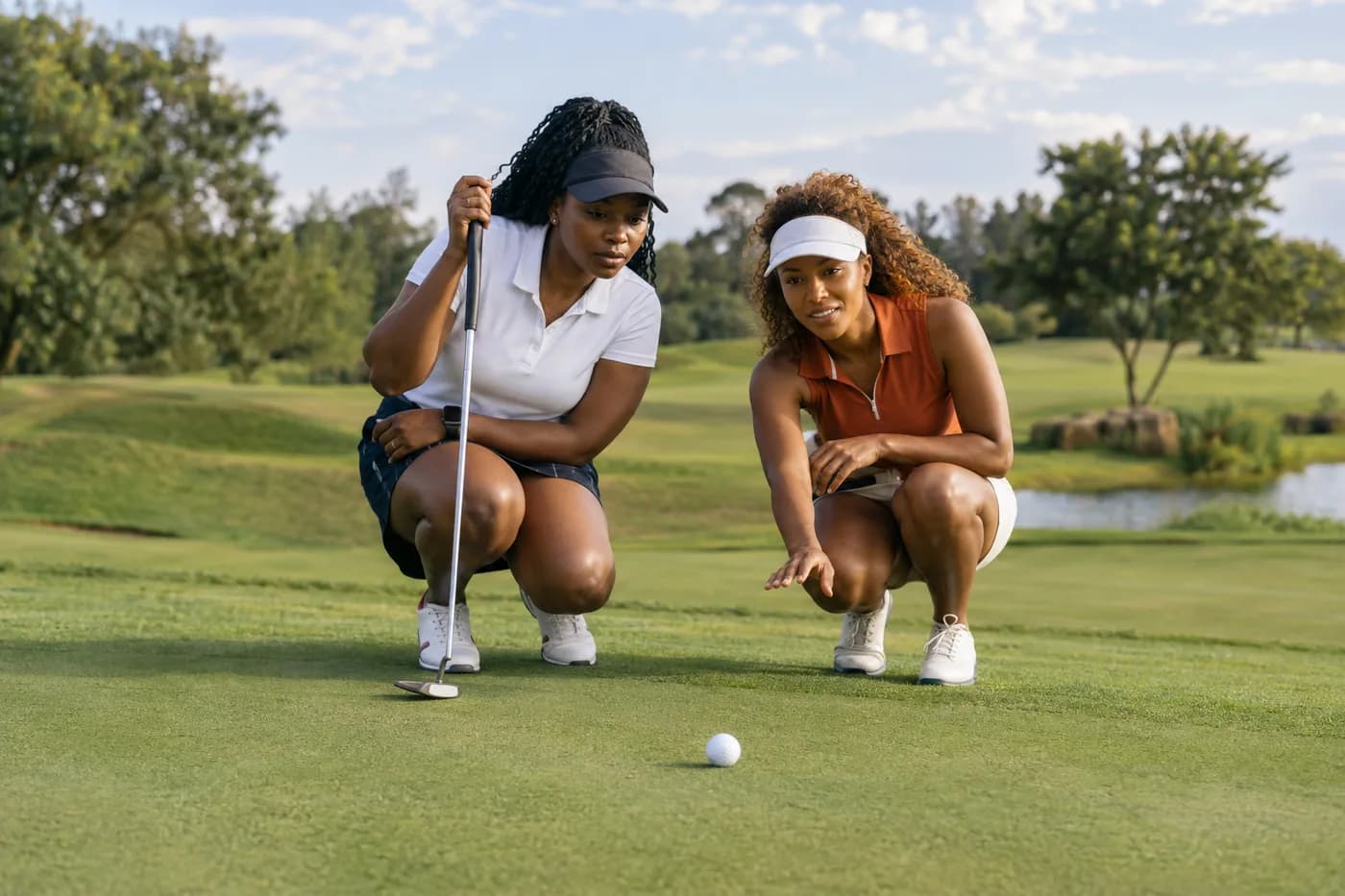 two golfers kneeling to look along the slope of a broad undulating green