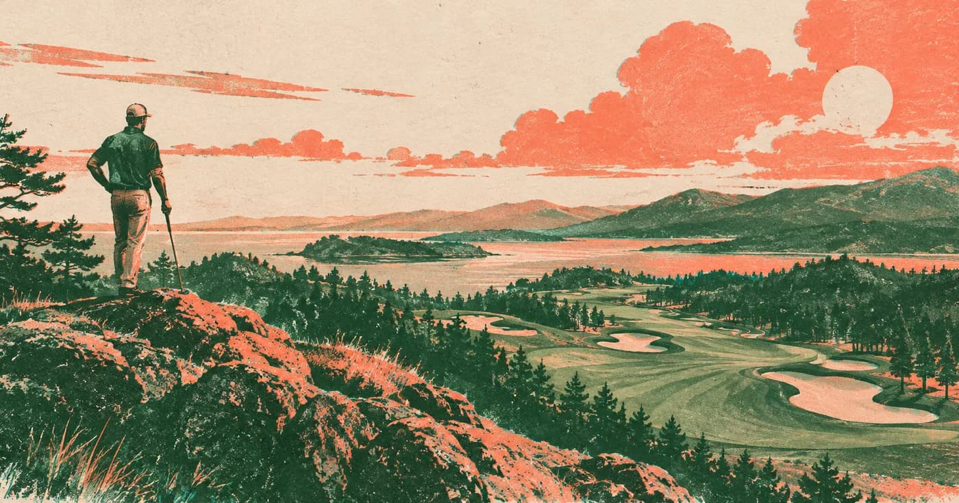 A high open ridge with broad skies and fairway contours below