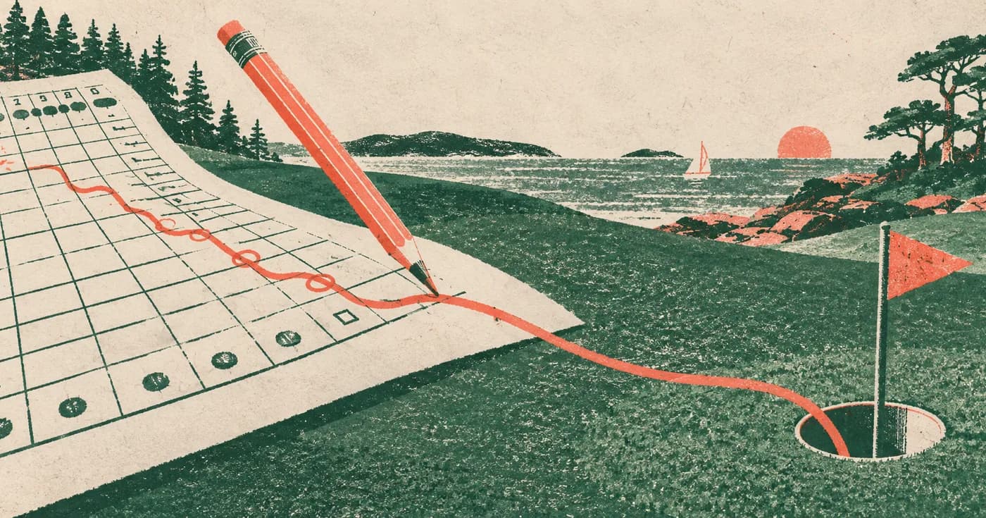 A pencil line traveling over a scorecard grid and settling in a golf cup