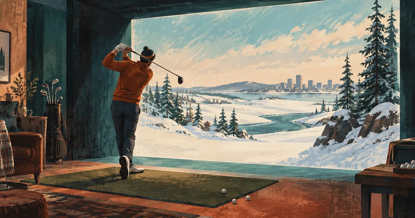A glowing rectangular simulator opening into an ink sketched winter landscape