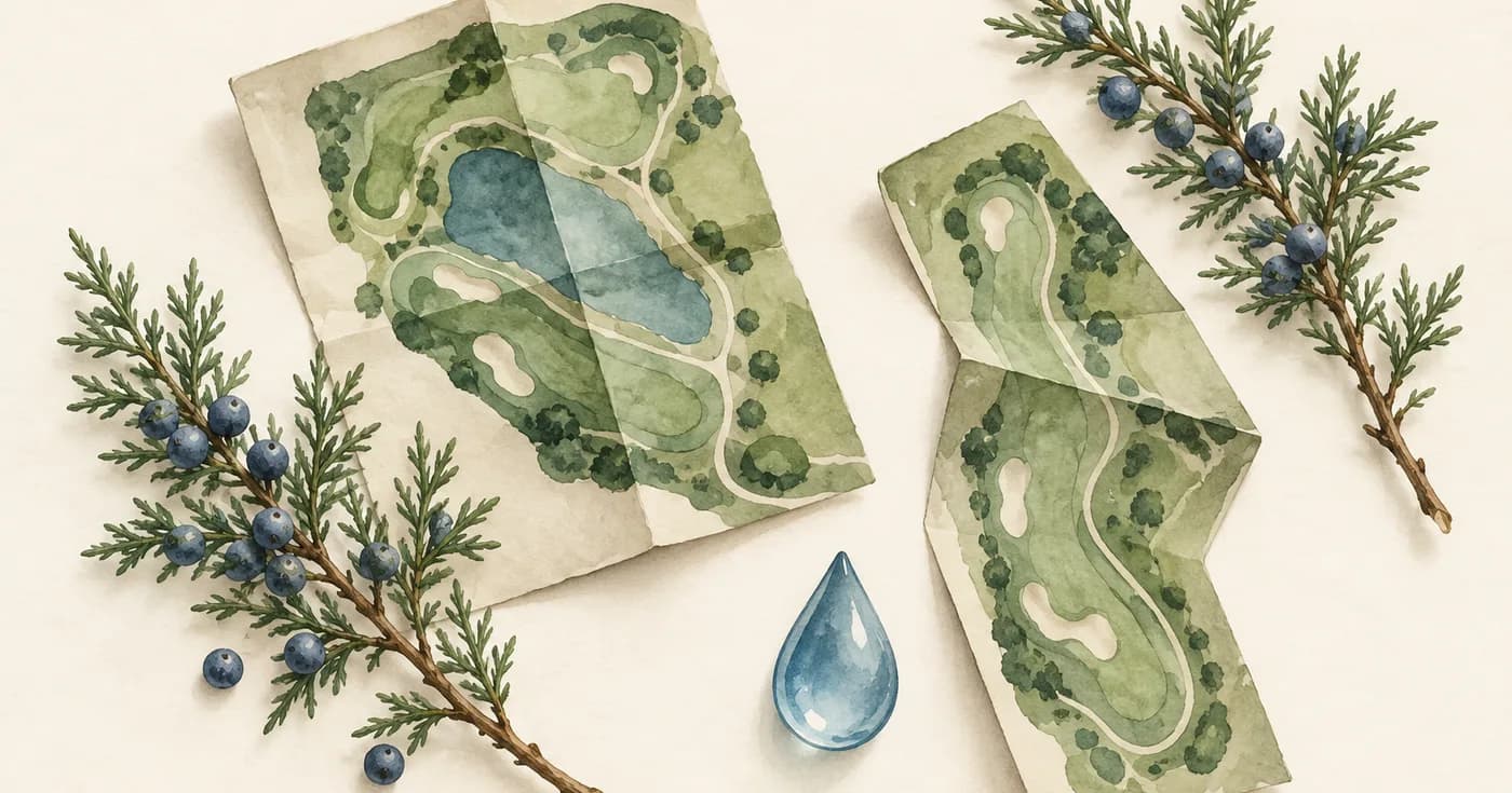 Two branches of juniper laid beside two different folded green course-map shapes, one blue water drop, overhead on cream paper