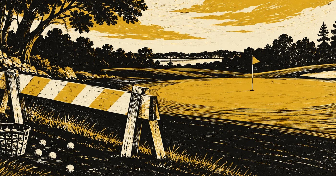 An empty green behind a simple construction barrier, practice balls on the open side