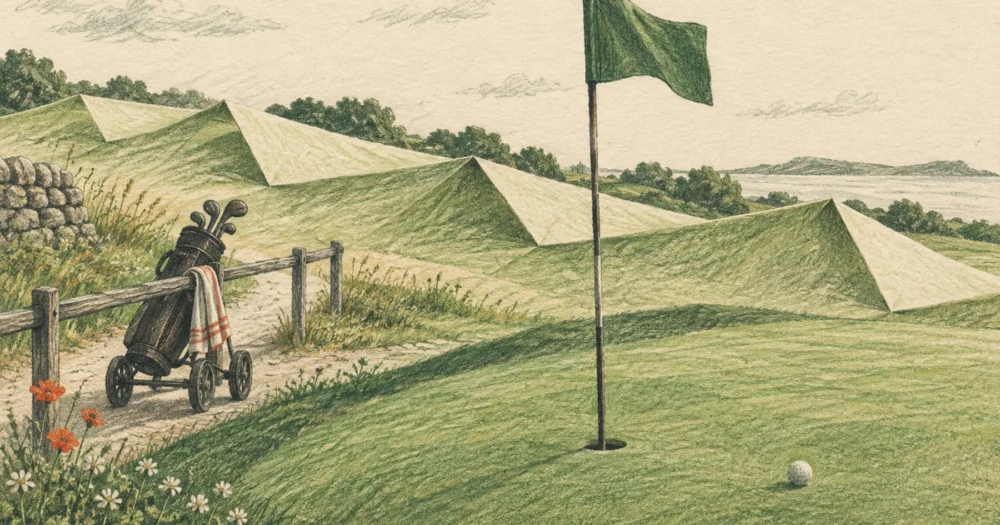 a green flag rising from folded paper hills beside a trolley rail