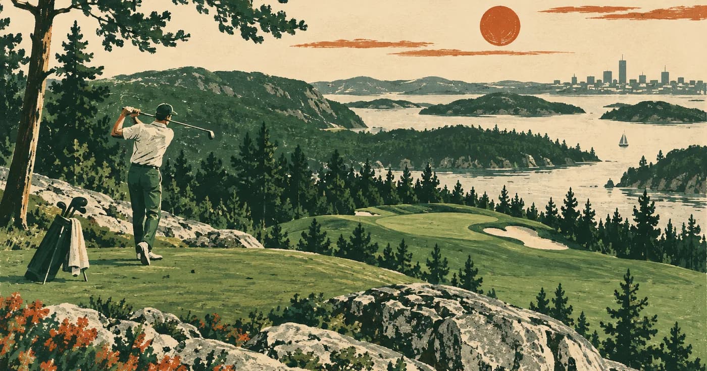 a granite ridge and tiny distant city skyline rendered as a rough woodcut