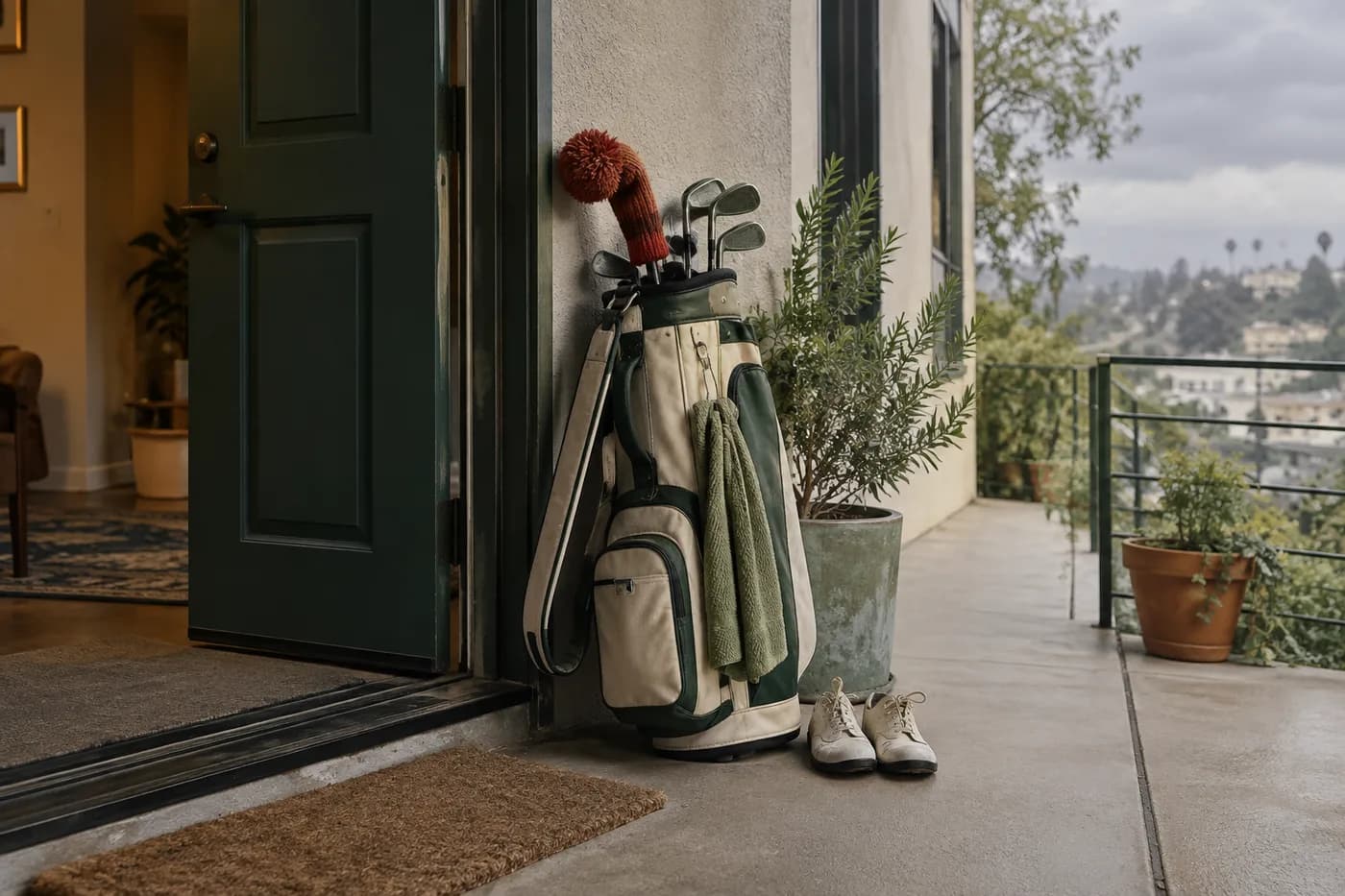 a golf bag resting beside an apartment doorway