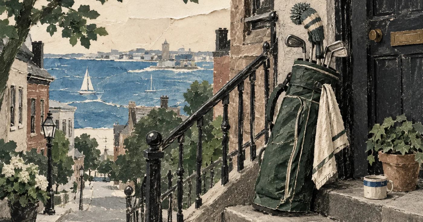 a harbor-blue curve and a golf bag on a city stoop
