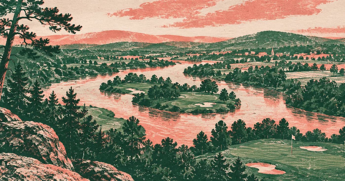 A river meander threading small green islands through a patchwork valley