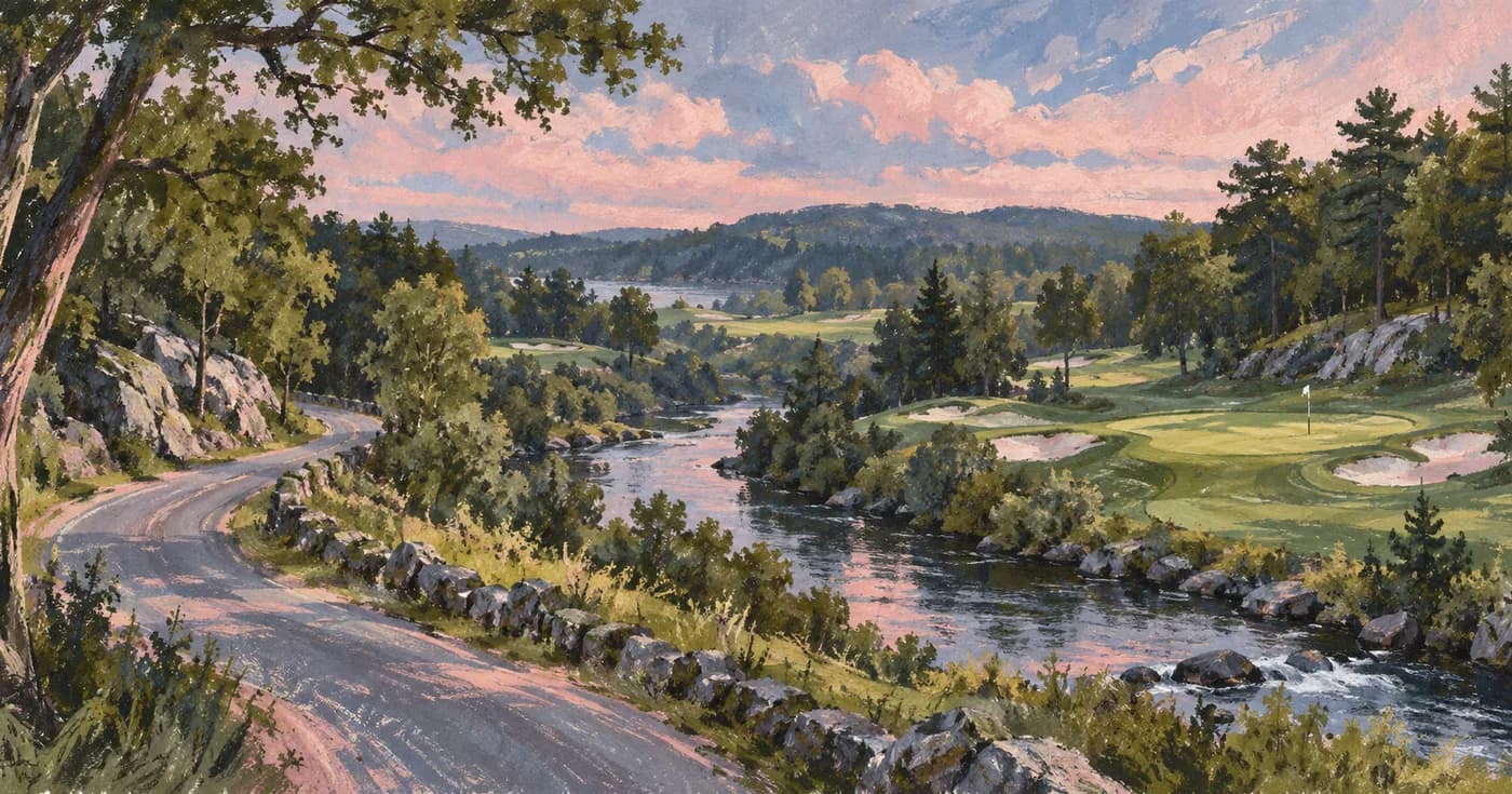 A country road winding around woodland fairways and a little river