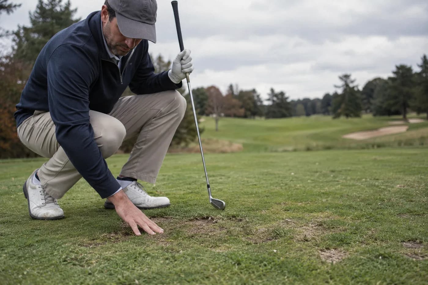 a golfer examining a worn patch of fairway beside an immaculate golf shoe