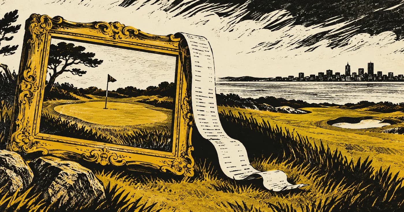 A gilded picture frame around a tiny ordinary green, a receipt curling off the frame