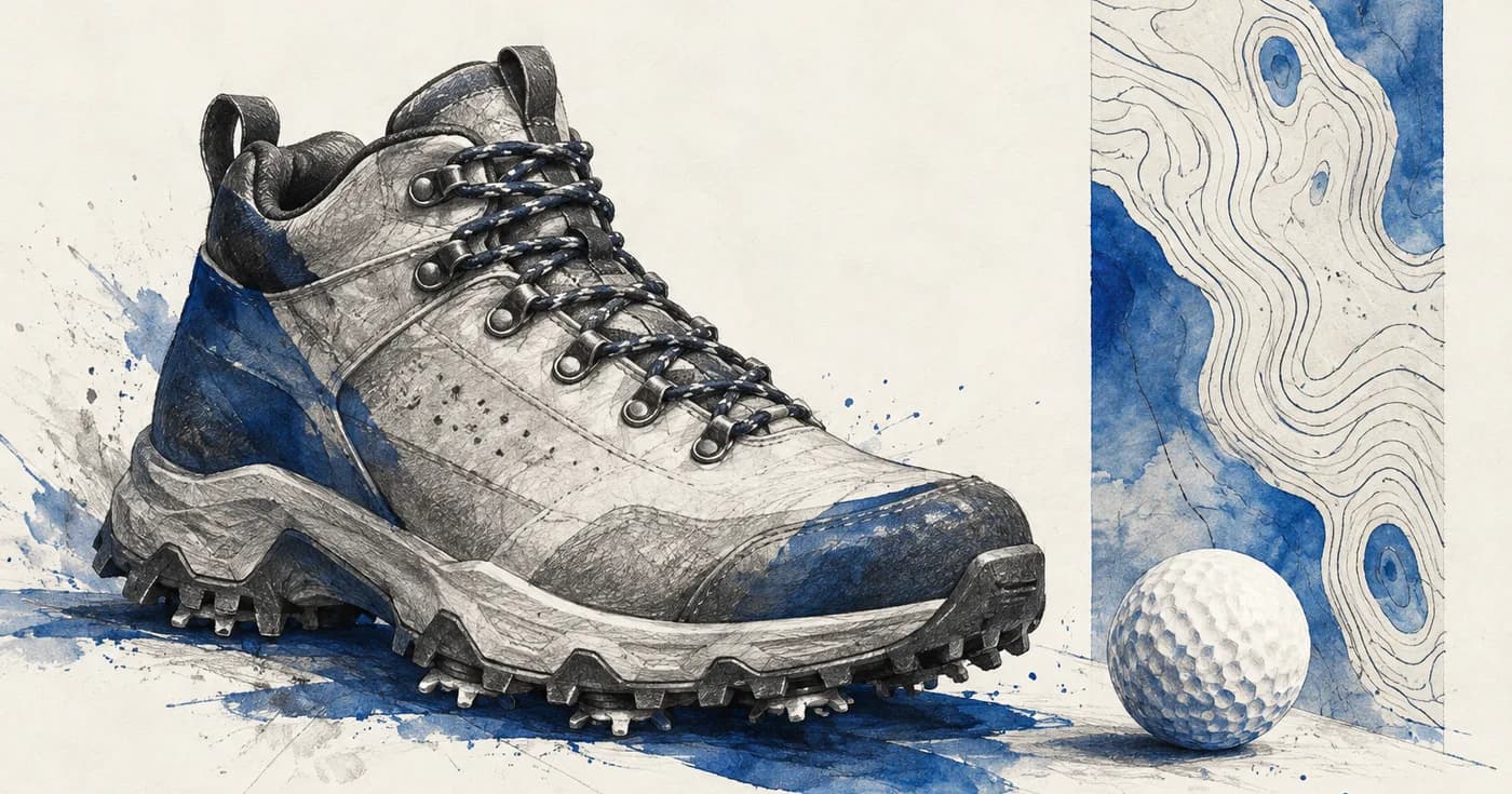 A heavy hiking-style golf shoe and a golf ball placed beside a vertical contour-map fragment