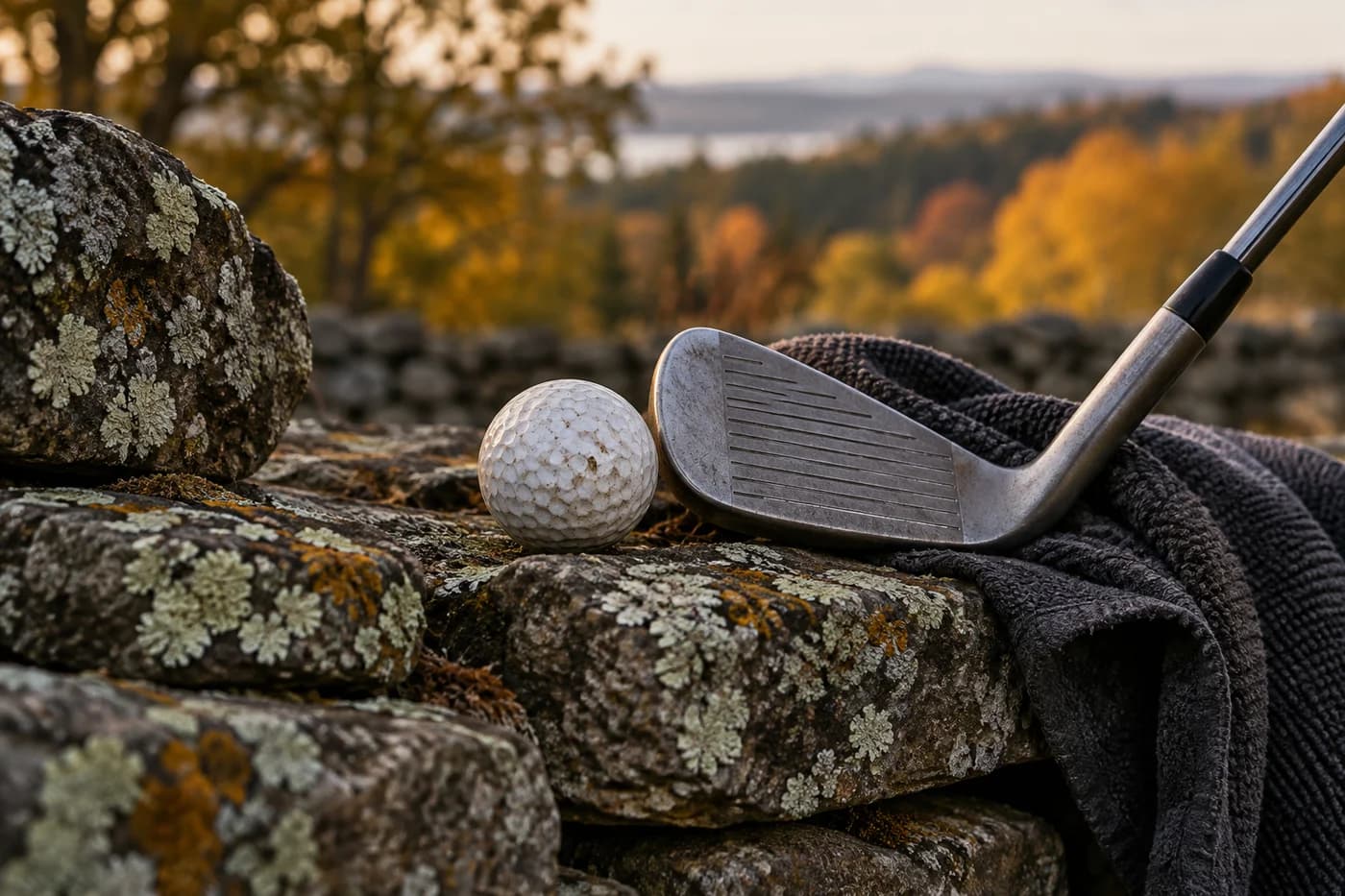 A golf ball and an iron resting against a lichen-covered stone wall