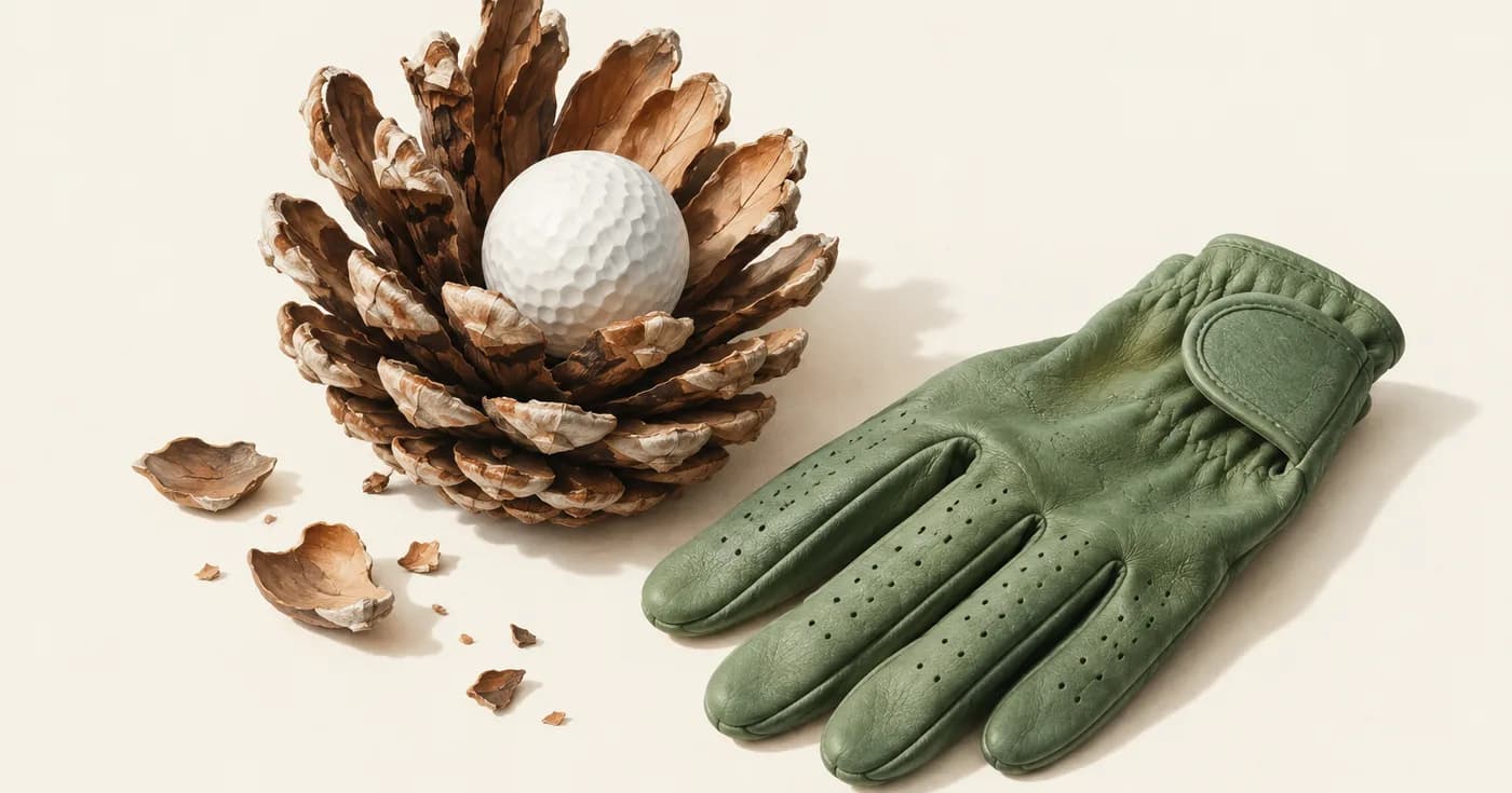 A golf ball resting inside the open shell of a pinecone, one green glove nearby on blank cream paper