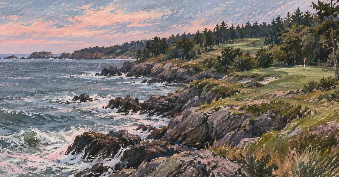 A rocky coast merging into woodland with tiny flags tucked inland