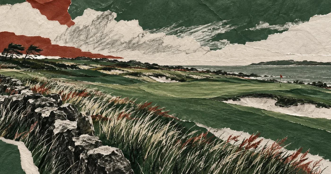 Open fairway shapes brushed by long grass under a broad cool sky