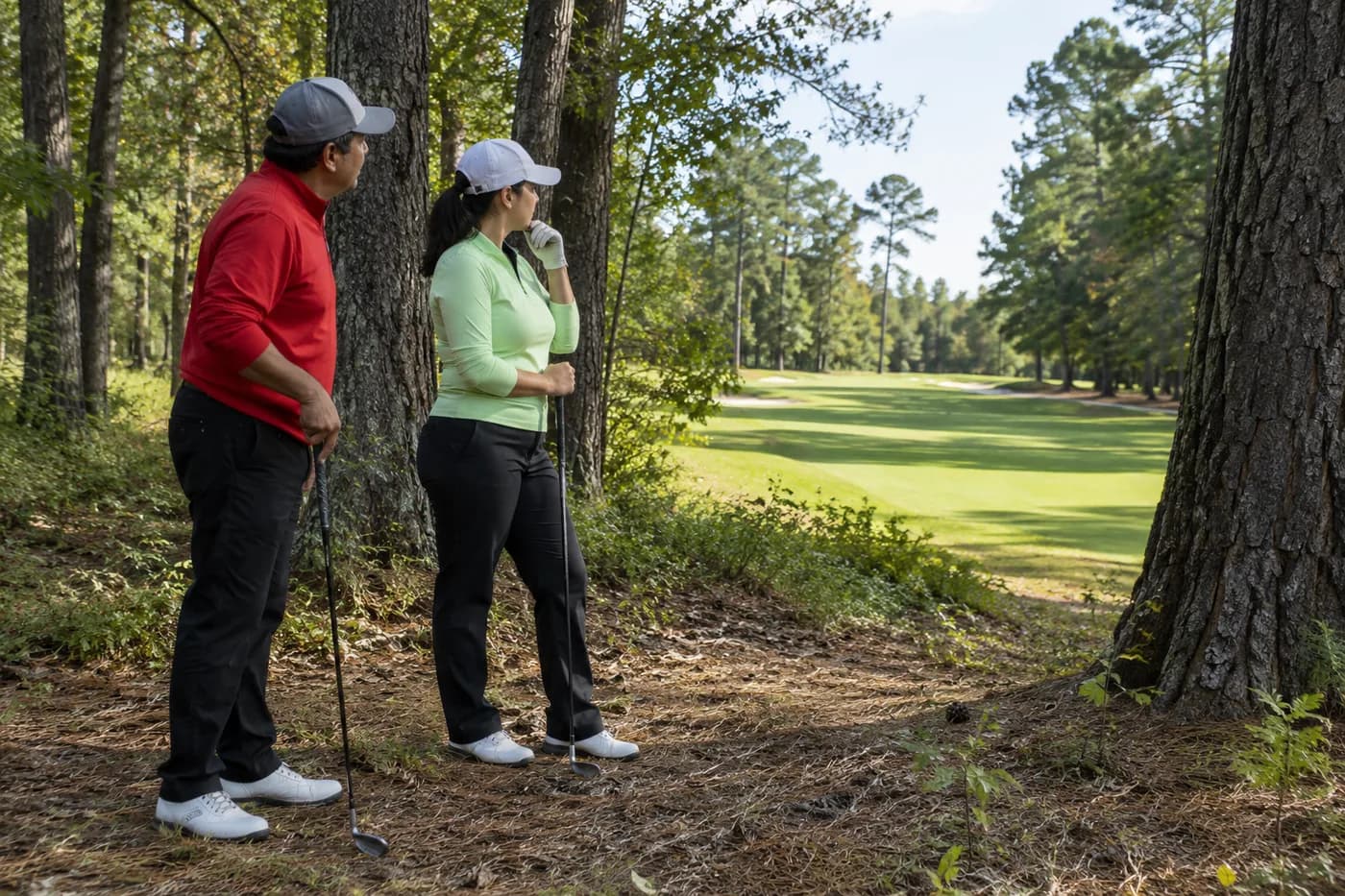 two golfers in red and pale green layers sighting a long approach between trunks on a South Shore style woodland hole