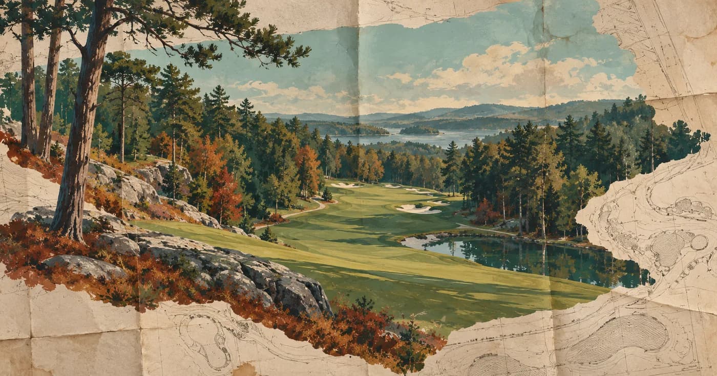 A long wooded golf corridor cut across a sheet of folded engineering paper