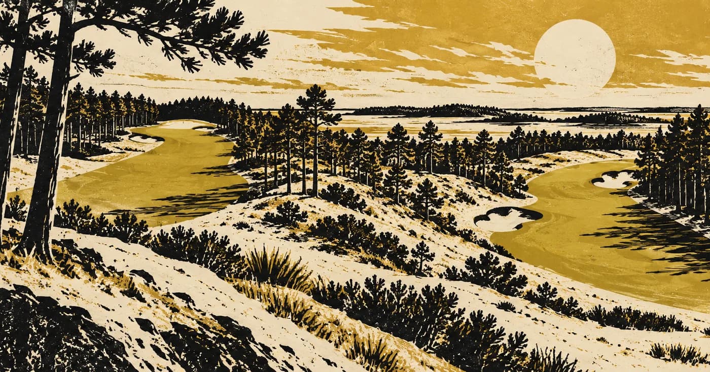 Two broad pine-covered fairway ribbons crossing sandy ridges