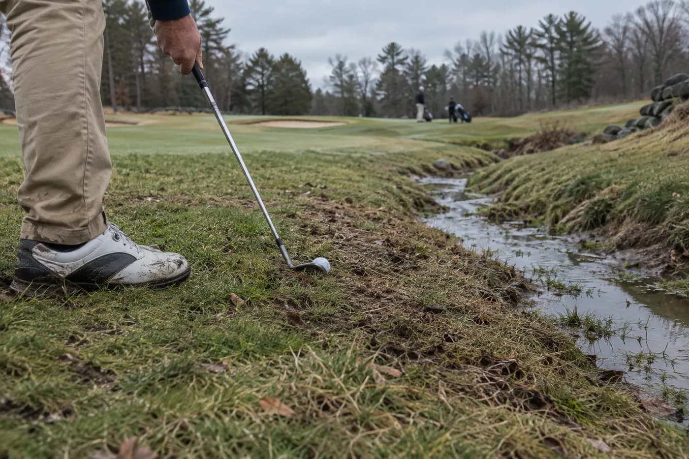 a well-used golf shoe beside sparse turf and a shallow drainage channel