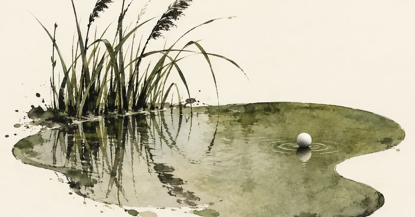A cluster of wetland reeds reflected in a puddle shaped like a golf green, one white ball on cream paper