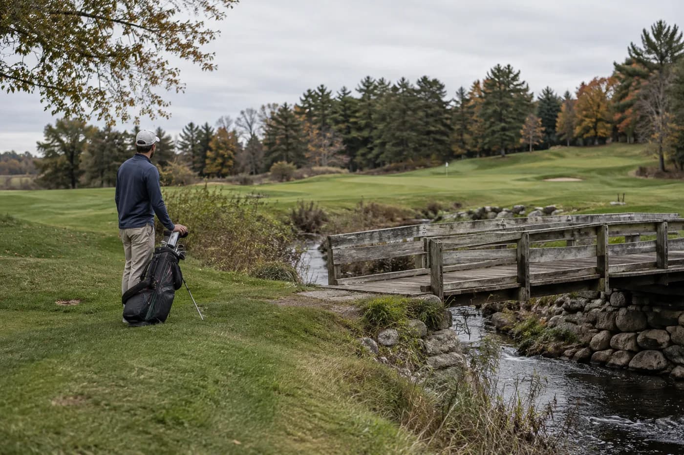 a golfer resting a carry bag beside a low footbridge over a narrow brook