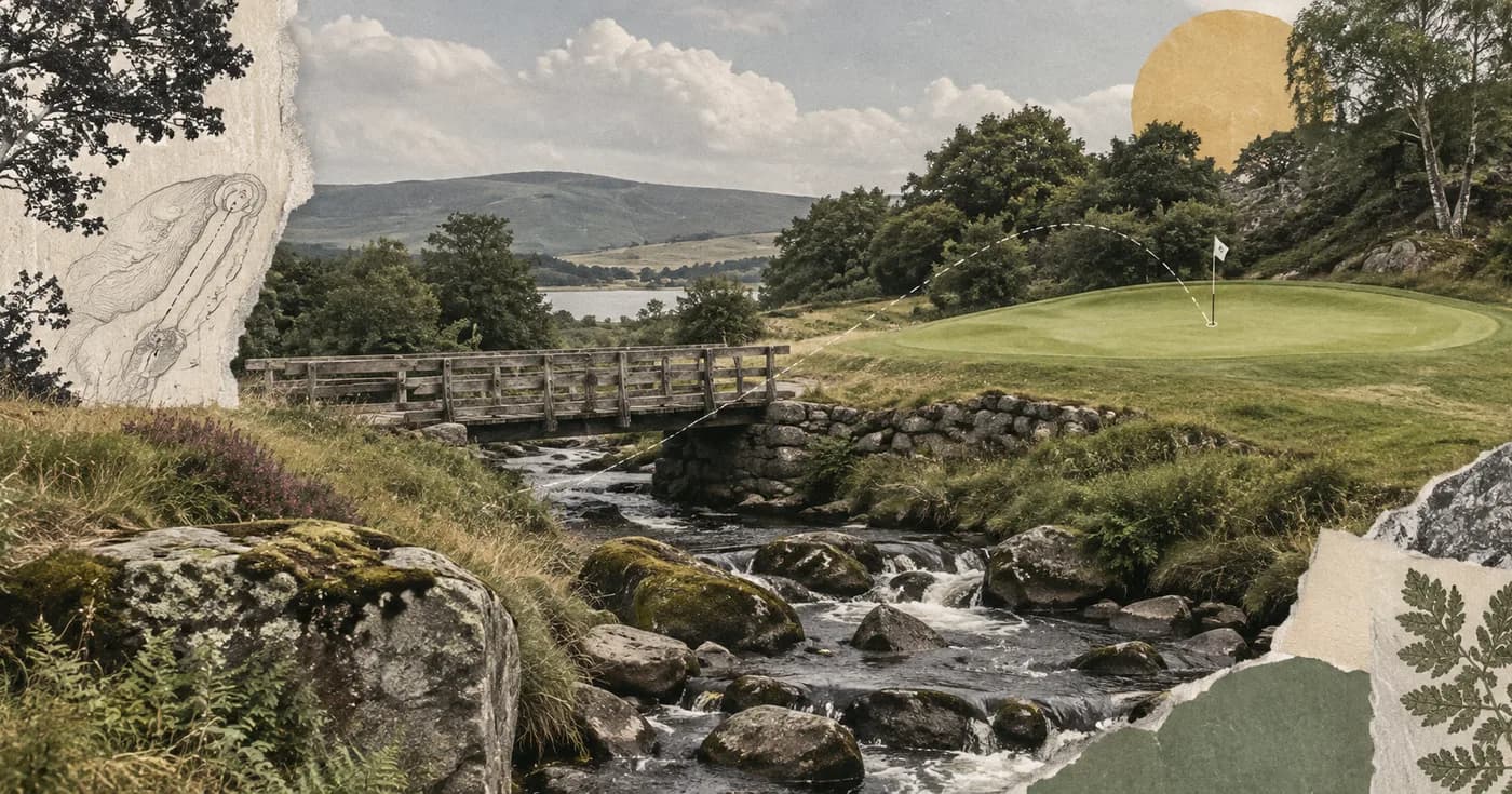 A brook winding beneath a low wooden bridge to a small rounded green