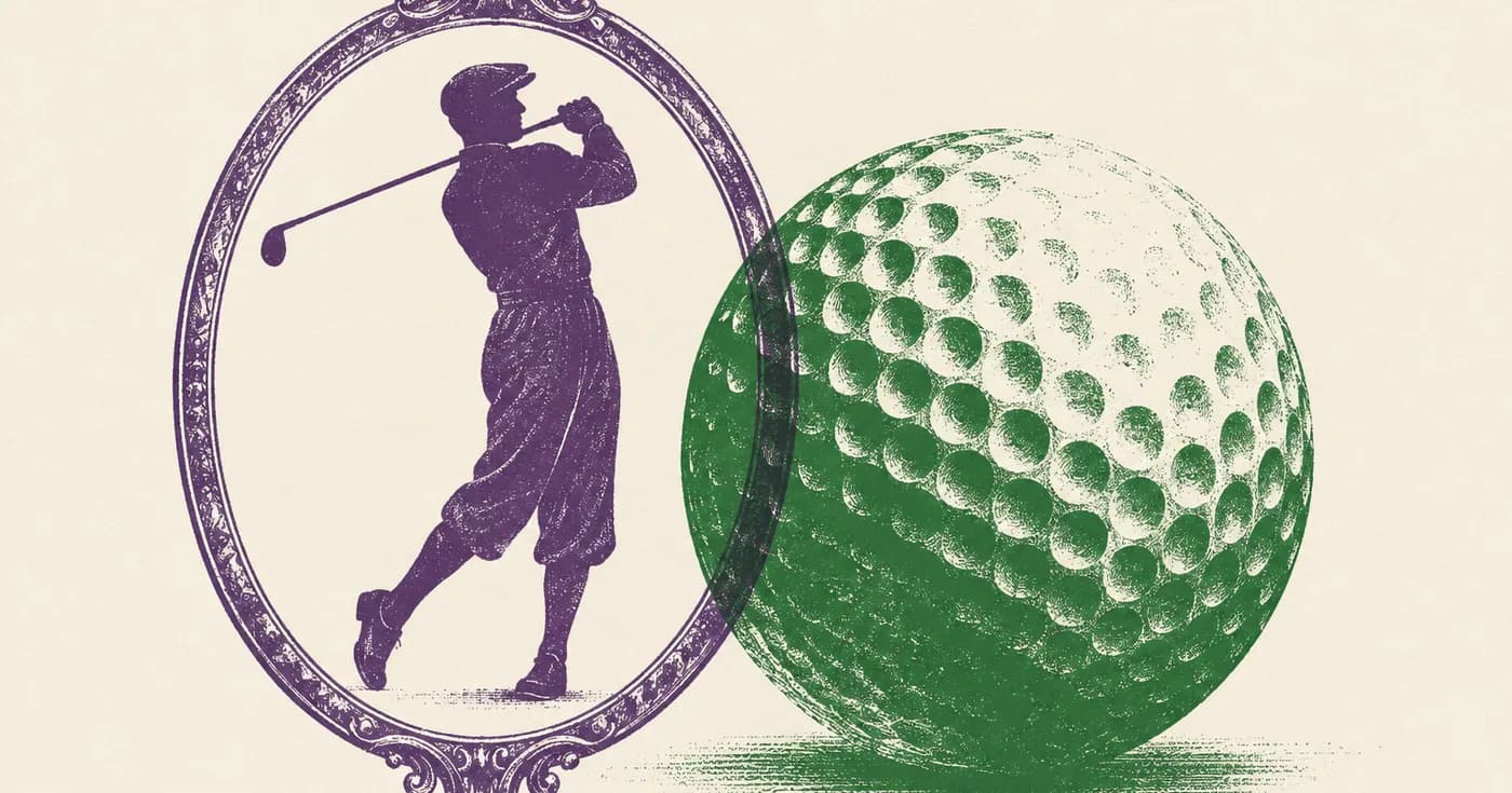 A vintage oval cameo silhouette of a golfer in a cap, crossed with a modern bold green golf ball, on cream paper