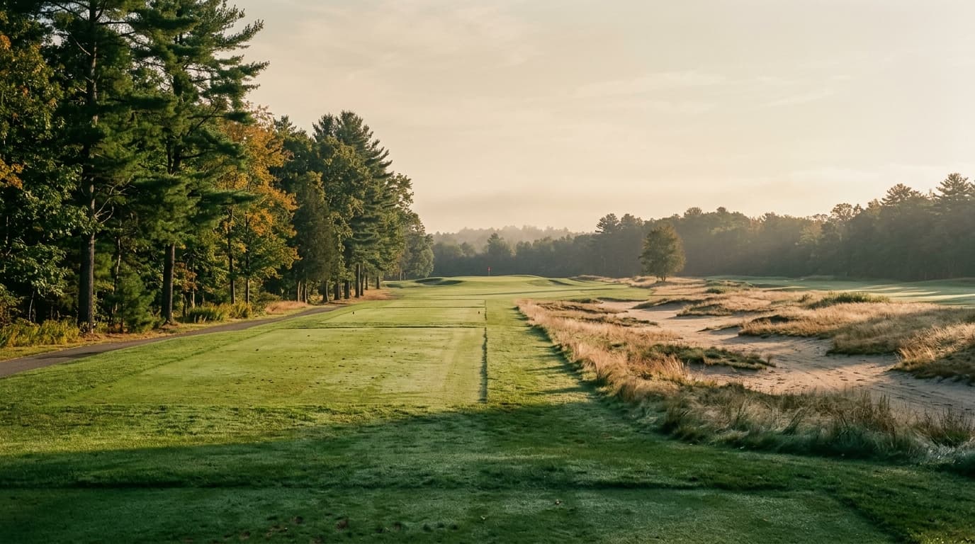Two contrasting northwest-of-Boston public golf courses, a sandy waste-area fairway with pines and a tight tree-lined parkland hole, in low autumn light