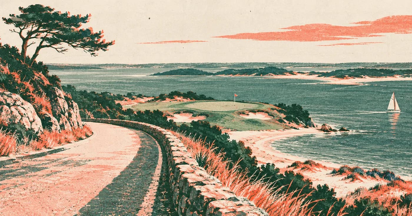 A coastal road leading to a green above a blue estuary and dunes