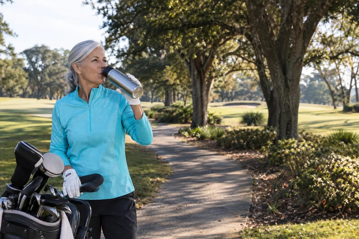 a golfer in a turquoise pullover taking a drink beside a classic tree-lined walking path