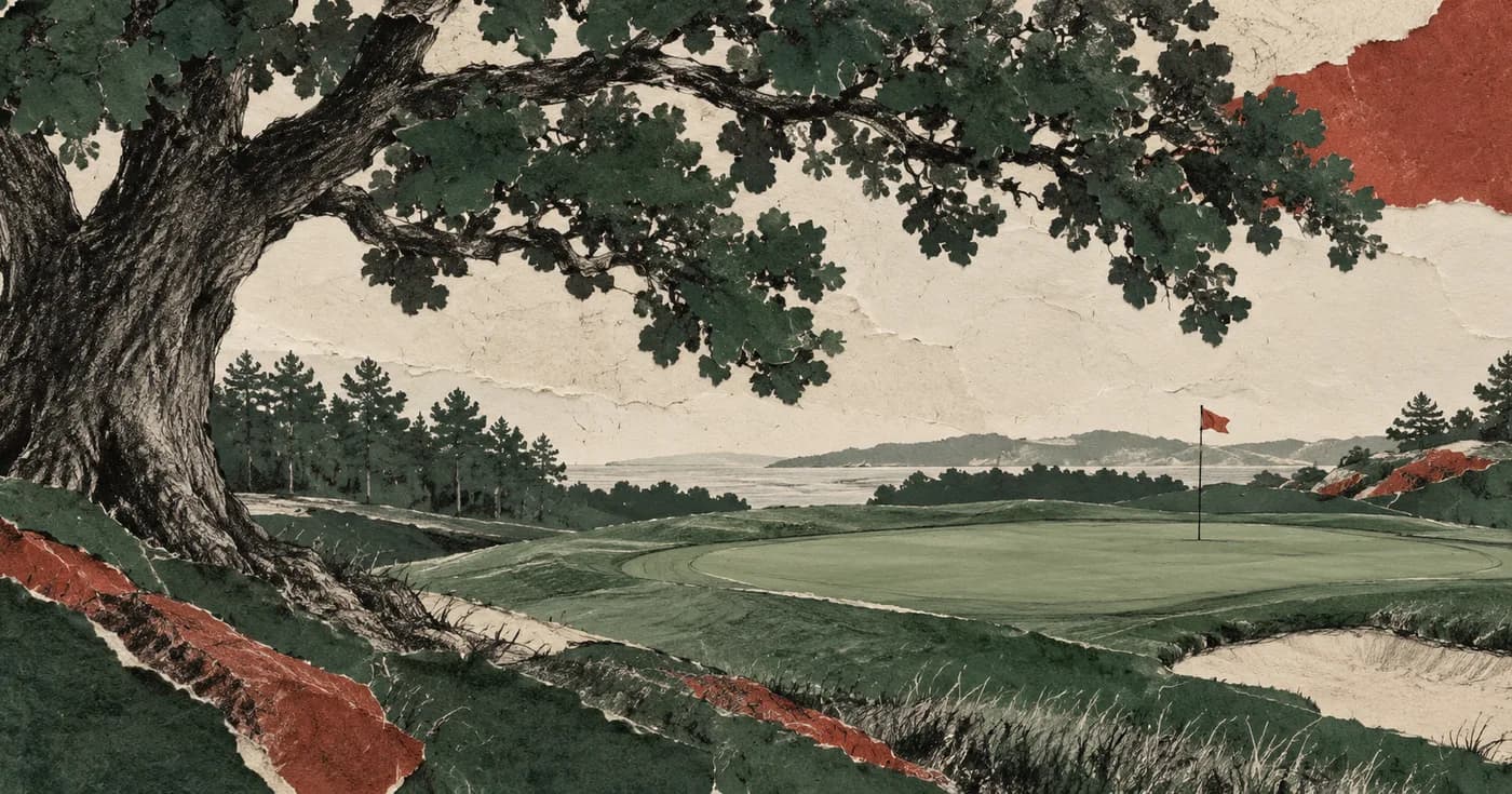 An old oak branching over a simple traditional green with visible pencil contours