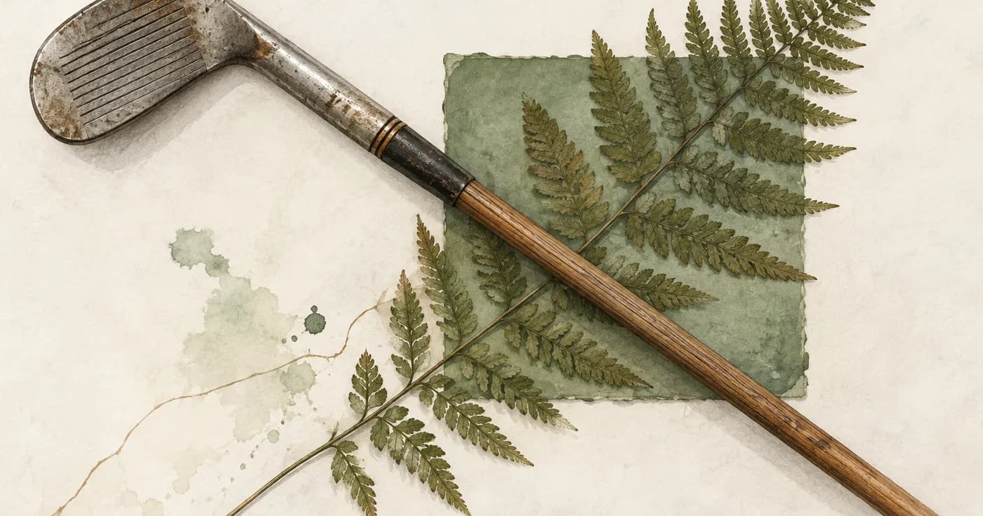 A beautiful worn hickory-shaft golf iron crossed diagonally with a pressed fern and a square of green paper