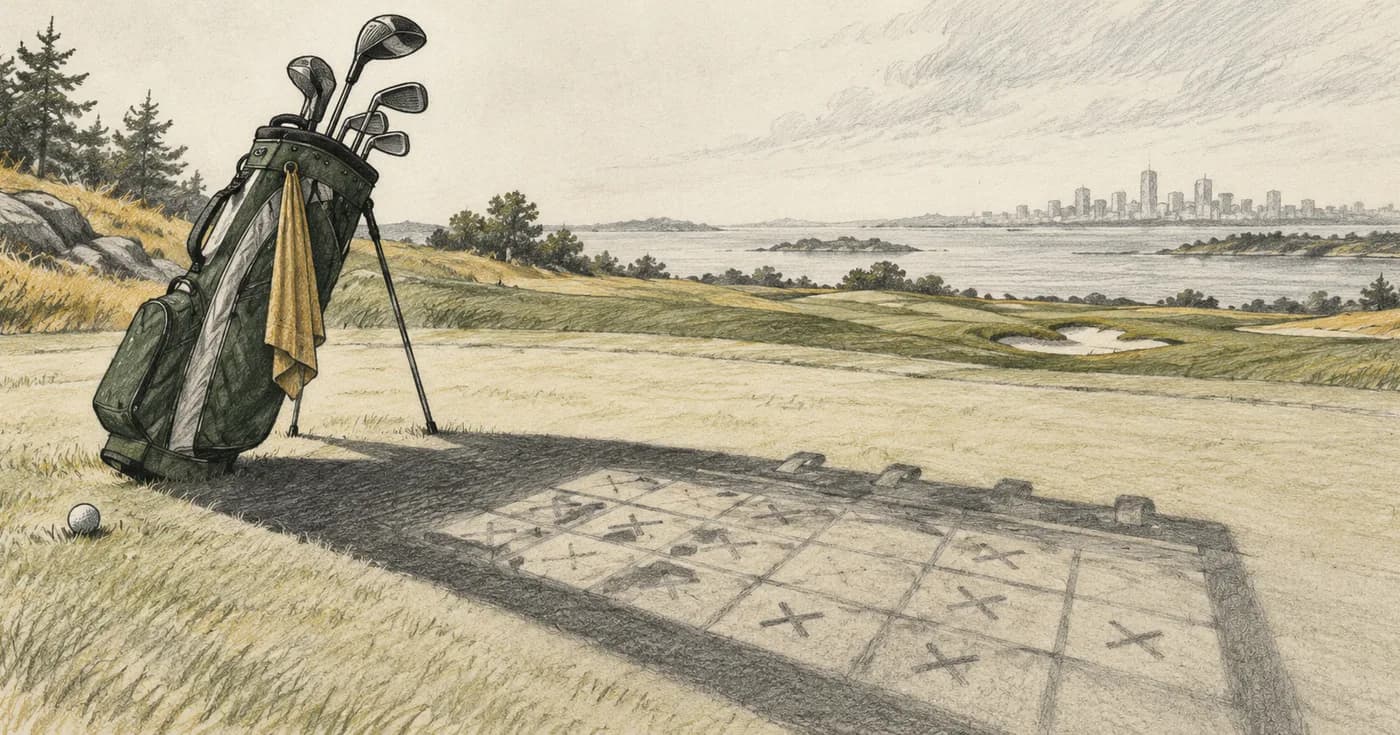 A golf bag casting a shadow shaped like a calendar with many marked squares