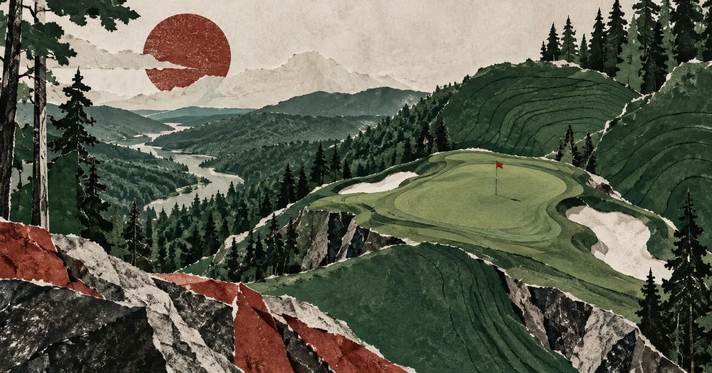 A green folded into steep forest hills like a topographic sculpture